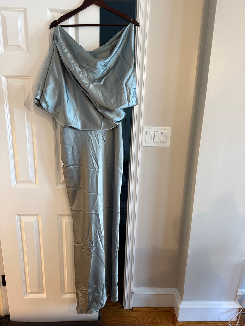 Anthropologie One-Shoulder Satin Maxi Dress in Light Blue-Grey